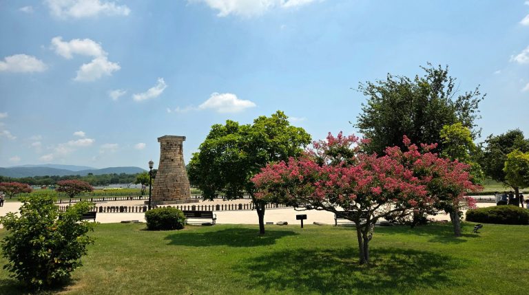 View of Cheomseongdae Observatory surrounded by vibrant trees under a clear blue sky in Gyeongju, South Korea.