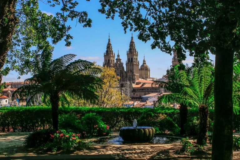 Lush park view of Santiago de Compostela Cathedral amidst trees and greenery.