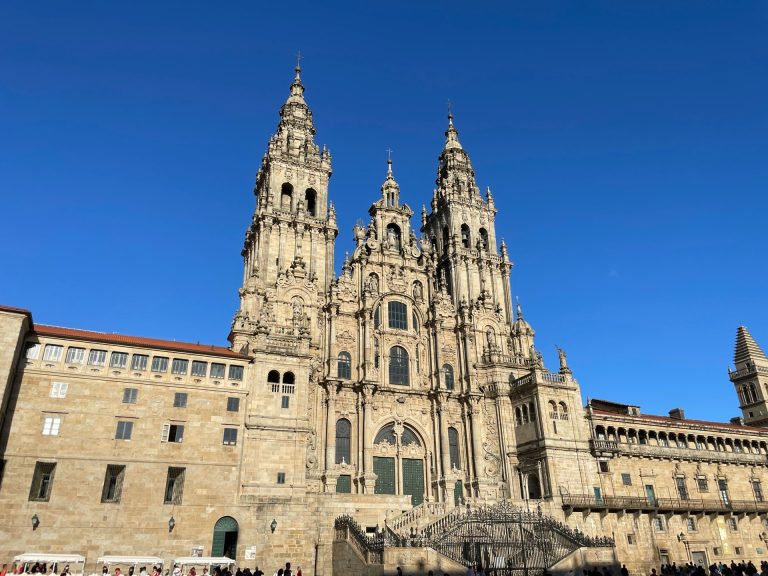 Stunning view of the Santiago de Compostela Cathedral under a clear blue sky.