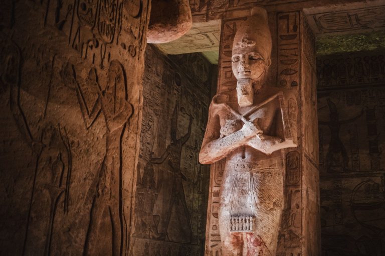 Intricate carvings and sculptures from an ancient Egyptian tomb in Giza, Egypt.
