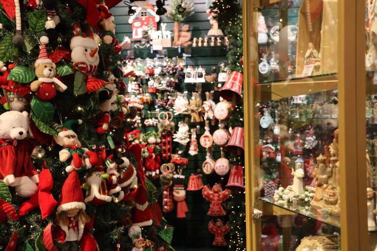 Christmas store with various festive ornaments and decorations on display.